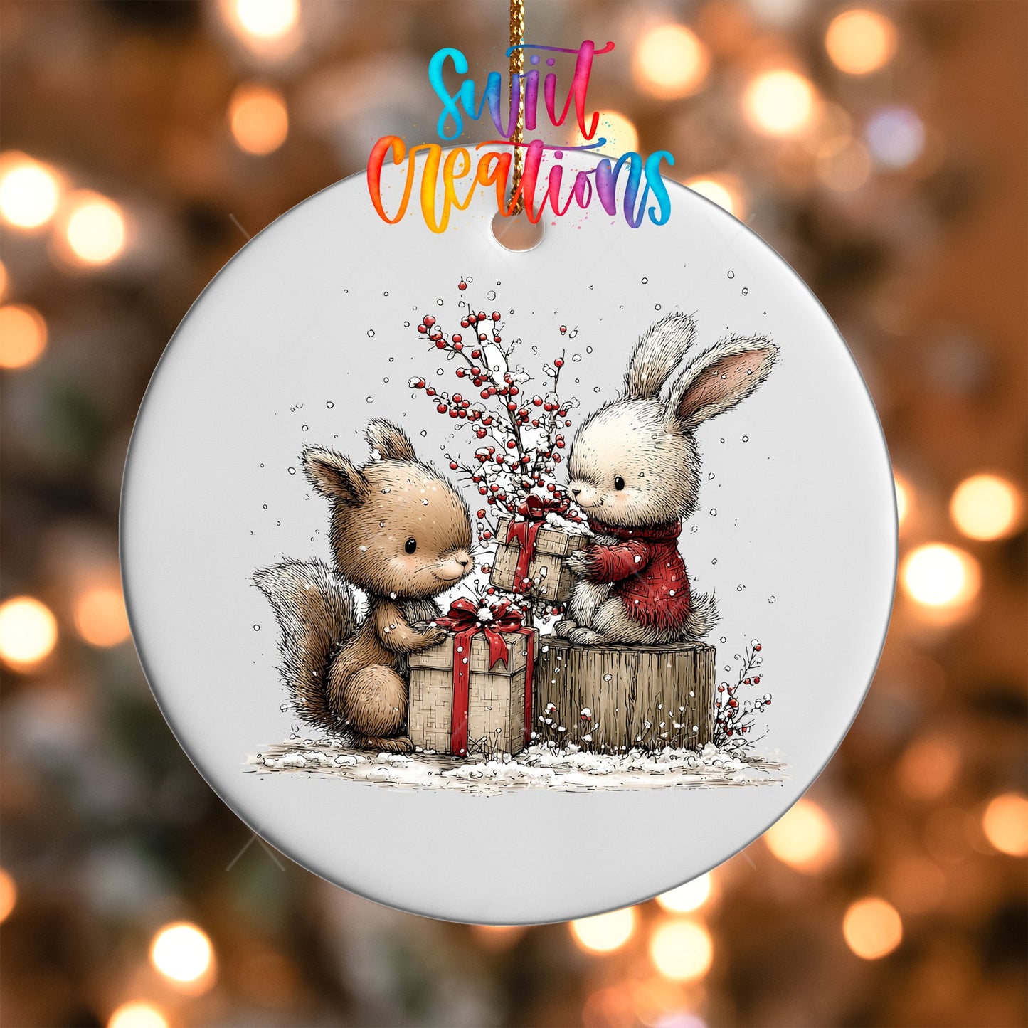 Woodland Bunny And Squirrel With Gifts Christmas Ornament UV DTF Transfer | O-1874 - Swiit Creations