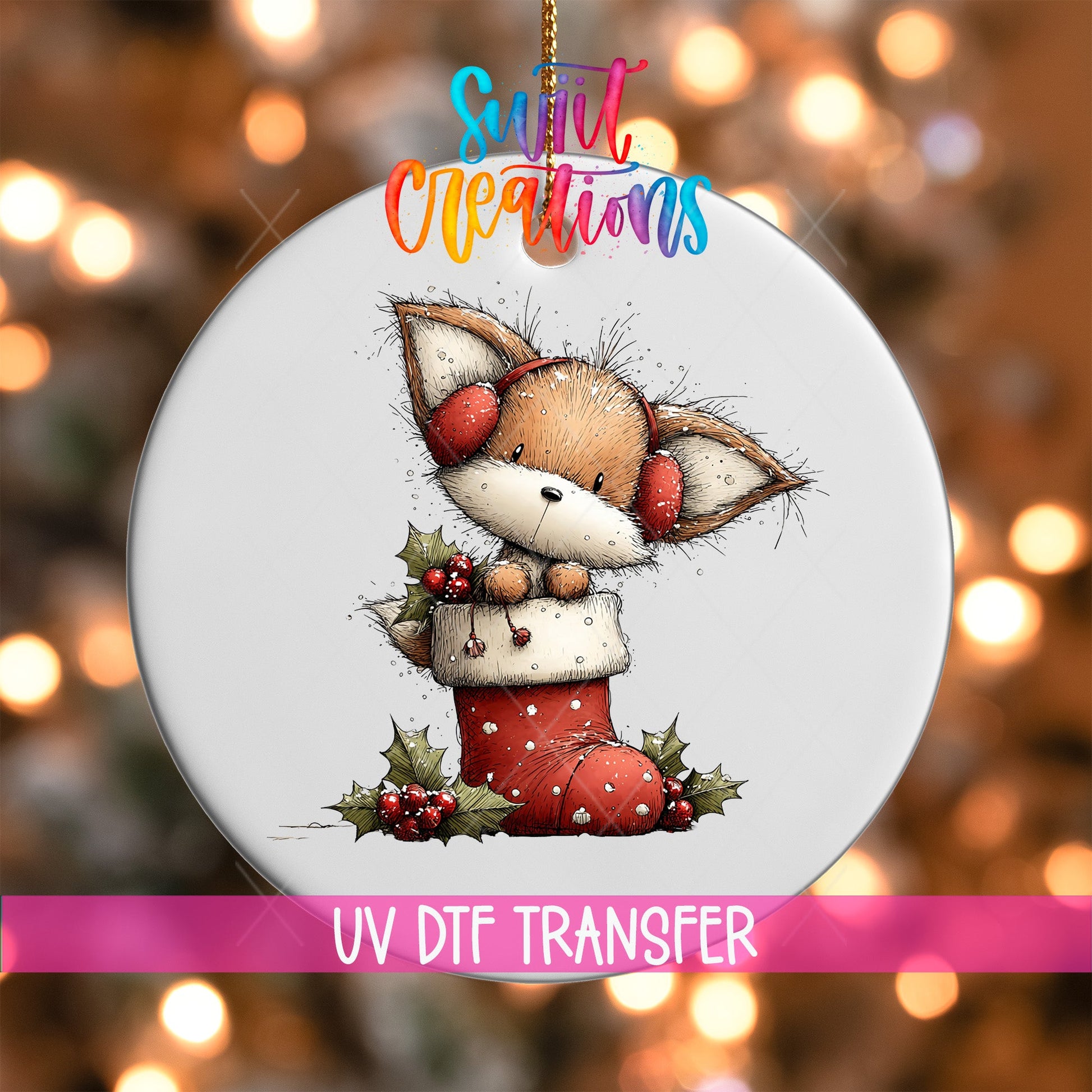Woodland Fox In Stocking Christmas Ornament UV DTF Transfer | O-1870 - Swiit Creations