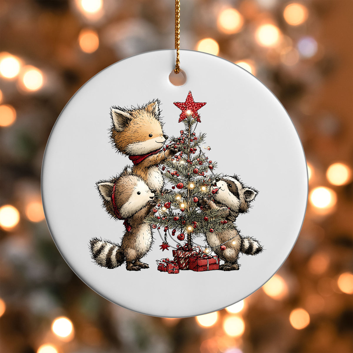 Woodland Friends Decorating a Tree ornament UV DTF transfer on a round white ornament with a bokeh light background