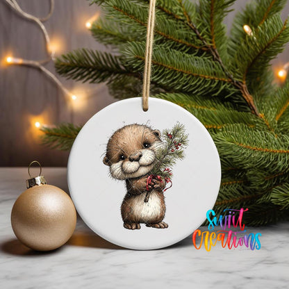 Woodland Otter Holding Greenery Christmas Ornament UV DTF Transfer | O-1879 - Swiit Creations