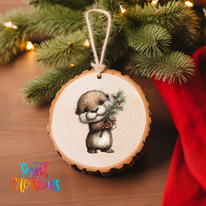 Woodland Otter Holding Greenery Christmas Ornament UV DTF Transfer | O-1879 - Swiit Creations