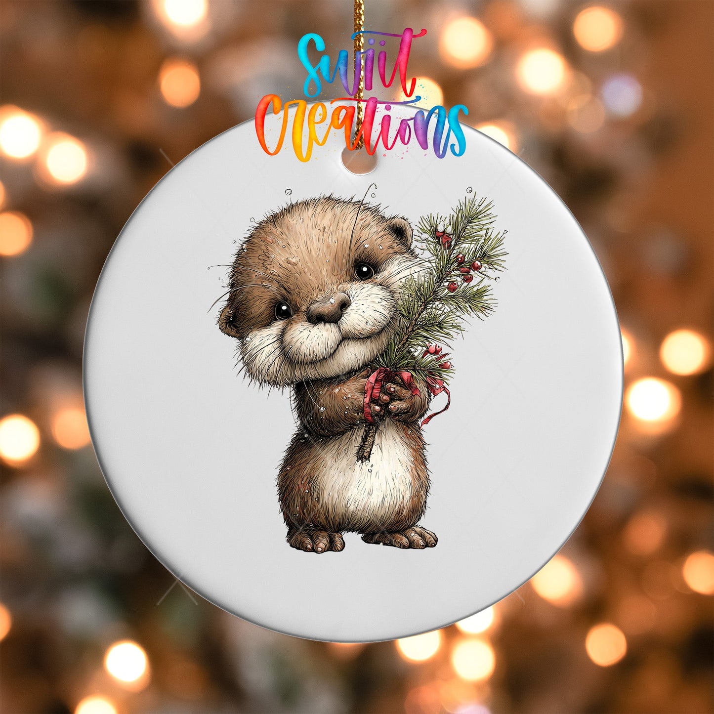 Woodland Otter Holding Greenery Christmas Ornament UV DTF Transfer | O-1879 - Swiit Creations