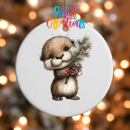 Woodland Otter Holding Greenery Christmas Ornament UV DTF Transfer | O-1879 - Swiit Creations