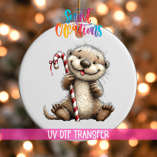 Woodland Otter With Candy Cane Christmas Ornament UV DTF Transfer | O-1880 - Swiit Creations