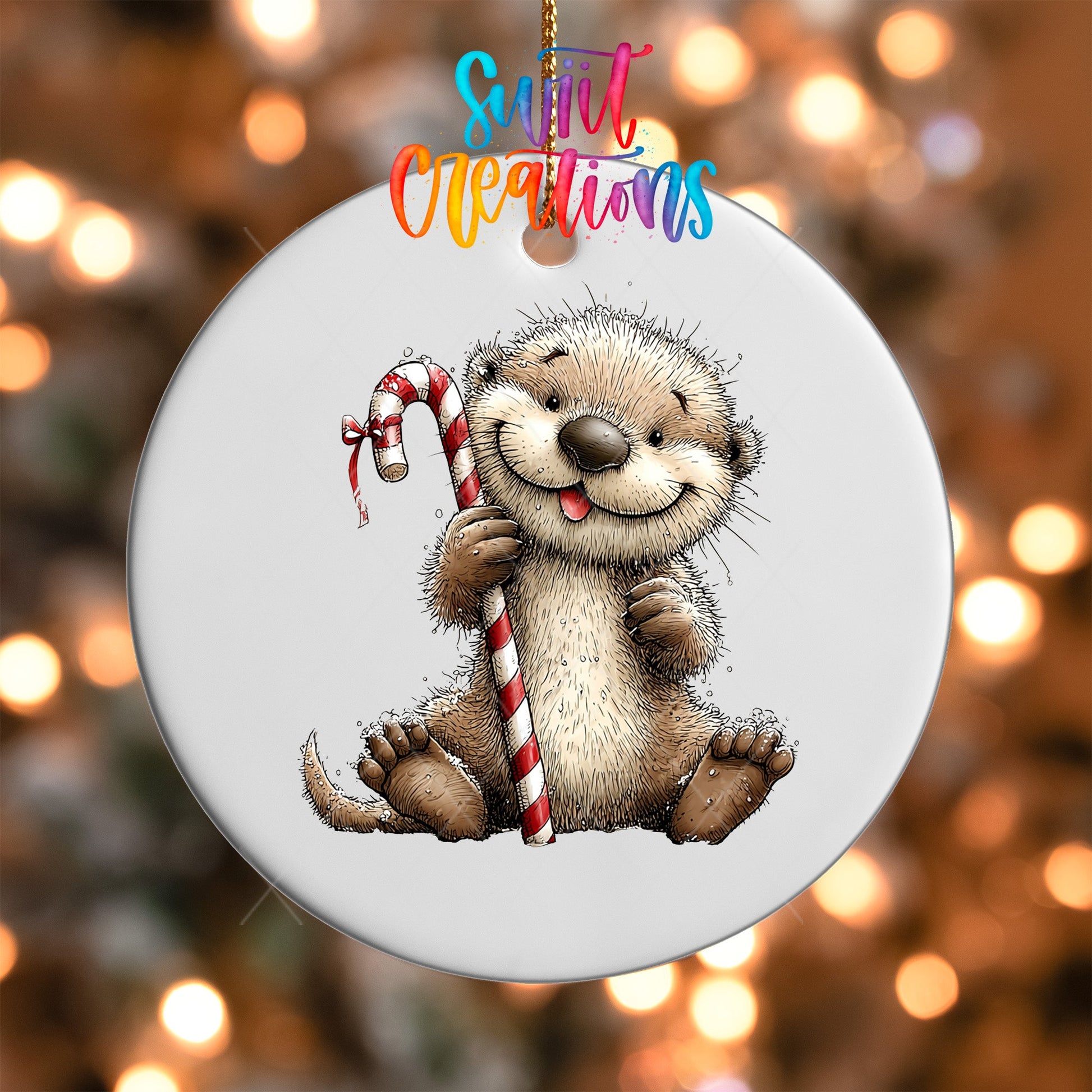 Woodland Otter With Candy Cane Christmas Ornament UV DTF Transfer | O-1880 - Swiit Creations