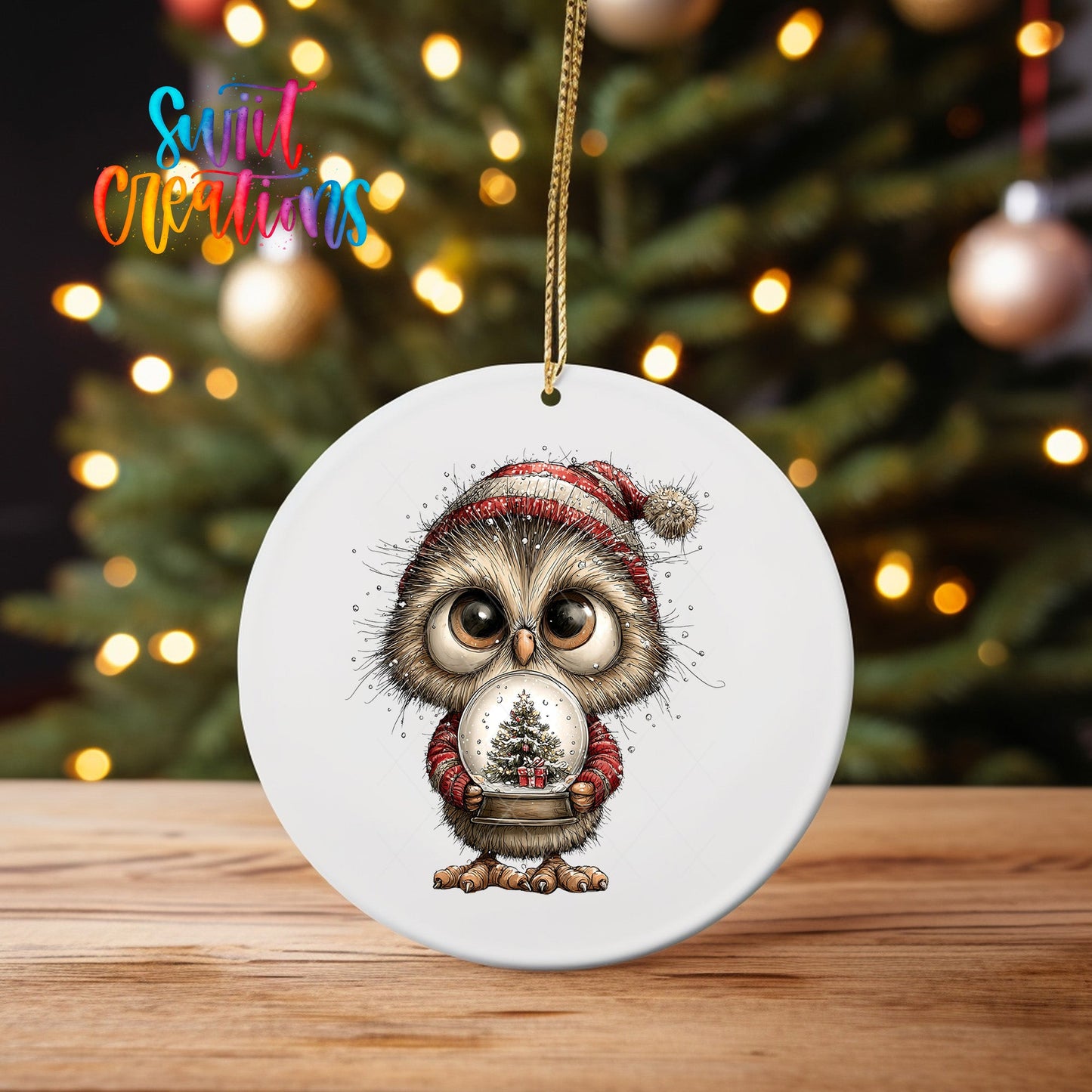 Woodland Owl Holding Snow Globe Christmas Ornament UV DTF Transfer | O-1881 - Swiit Creations