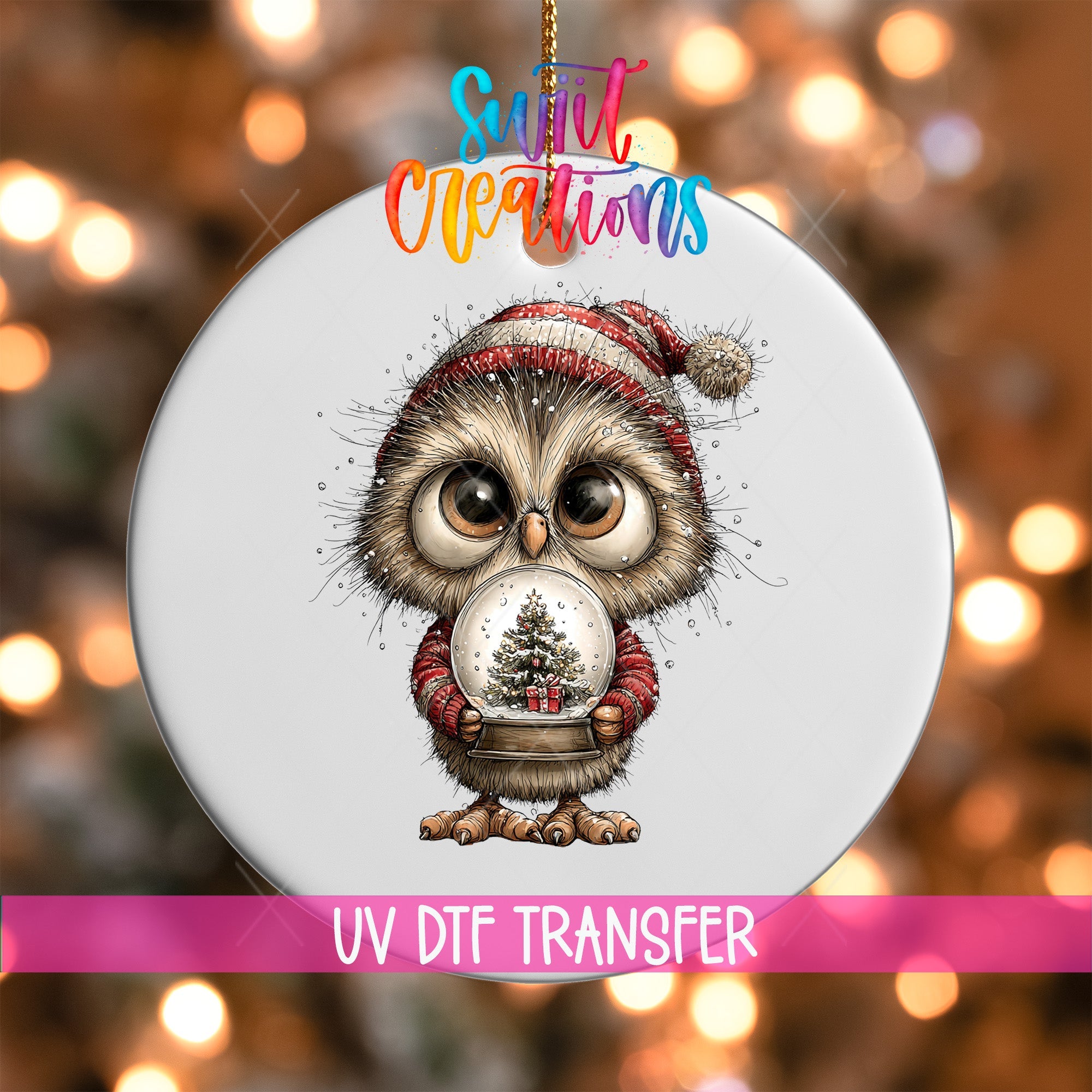 Woodland Owl Holding Snow Globe Christmas Ornament UV DTF Transfer | O-1881 - Swiit Creations