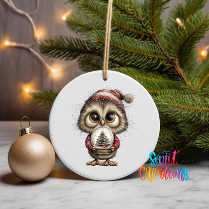 Woodland Owl Holding Snow Globe Christmas Ornament UV DTF Transfer | O-1881 - Swiit Creations