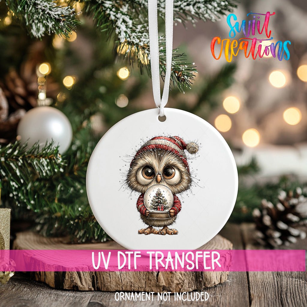 Woodland Owl Holding Snow Globe Christmas Ornament UV DTF Transfer | O-1881 - Swiit Creations