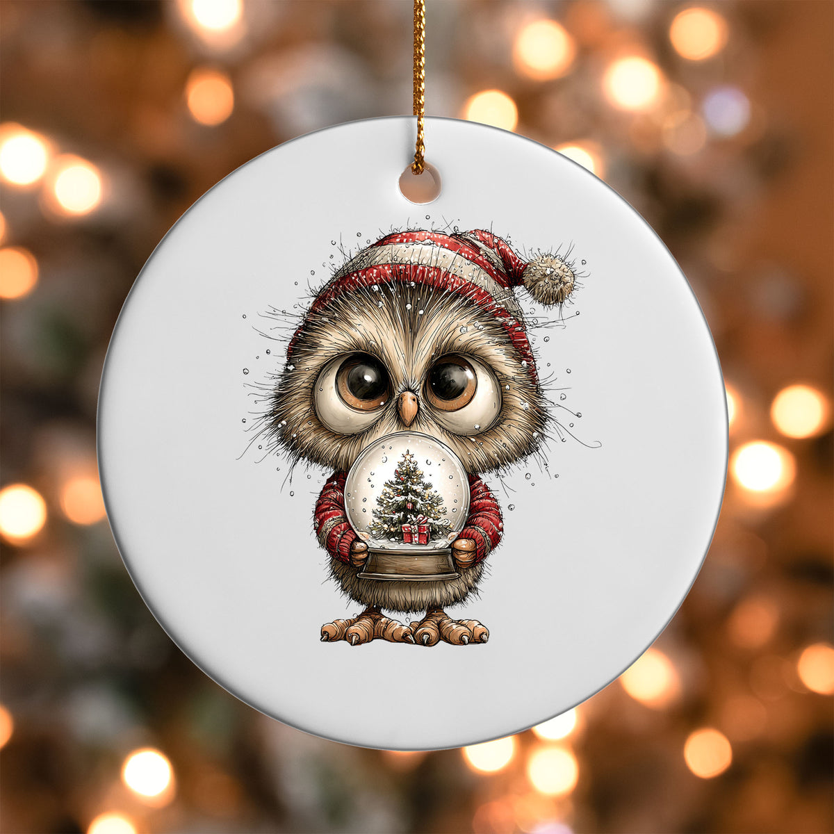 Woodland Owl with Snow Globe ornament UV DTF transfer on a round white ornament with a bokeh light background