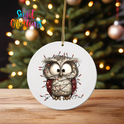 Woodland Owl Wrapped In Lights Christmas Ornament UV DTF Transfer | O-1877 - Swiit Creations