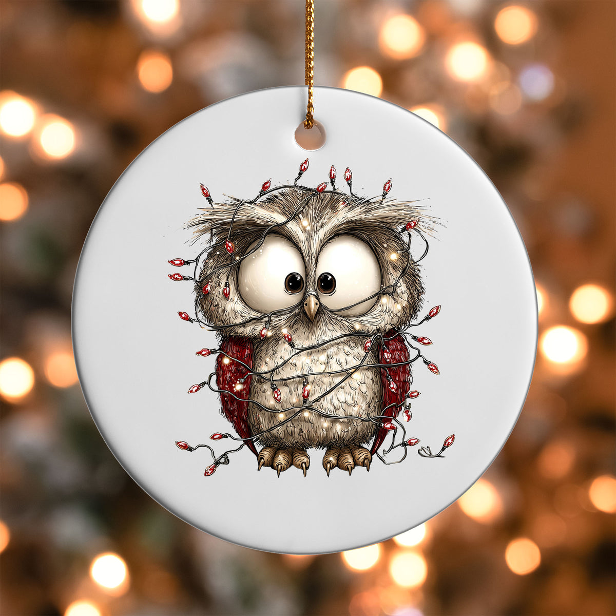 Woodland Owl Wrapped in Lights ornament UV DTF transfer on a round white ornament with a bokeh light background