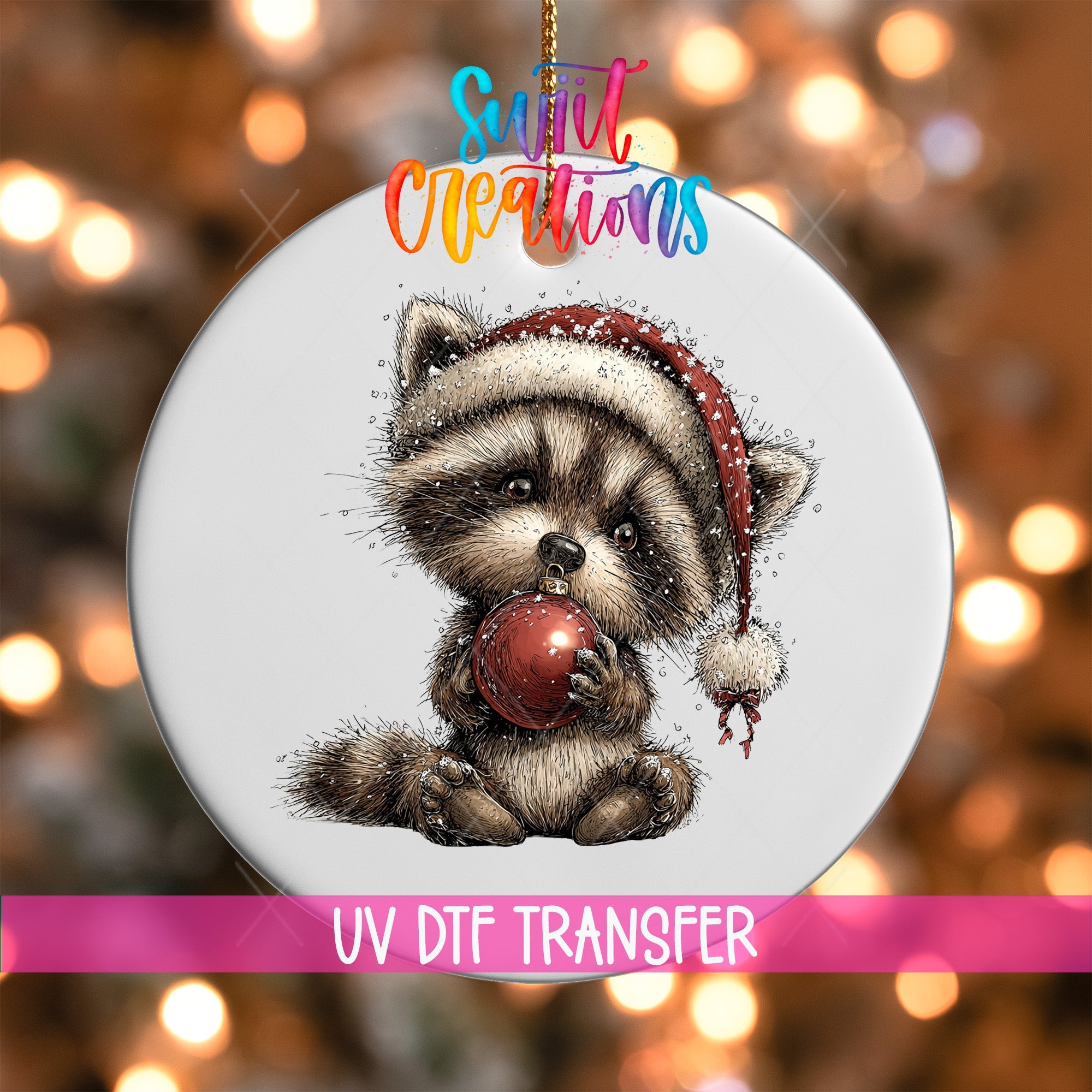 Woodland Raccoon With Ornament Christmas Ornament UV DTF Transfer | O-1878 - Swiit Creations