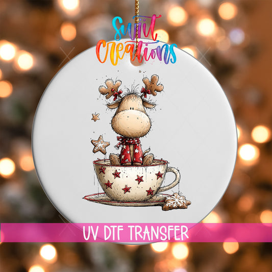 Woodland Reindeer In Teacup Christmas Ornament UV DTF Transfer | O-1873 - Swiit Creations