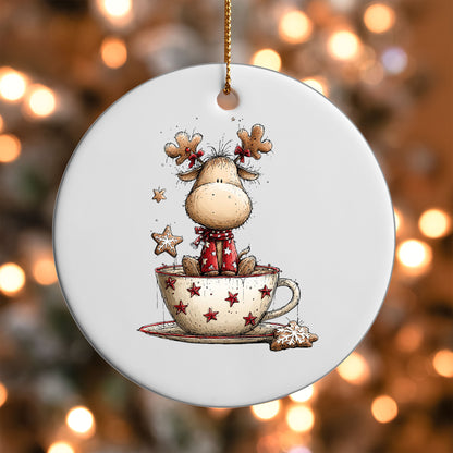 Woodland Reindeer in Teacup ornament UV DTF transfer on a round white ornament with a bokeh light background