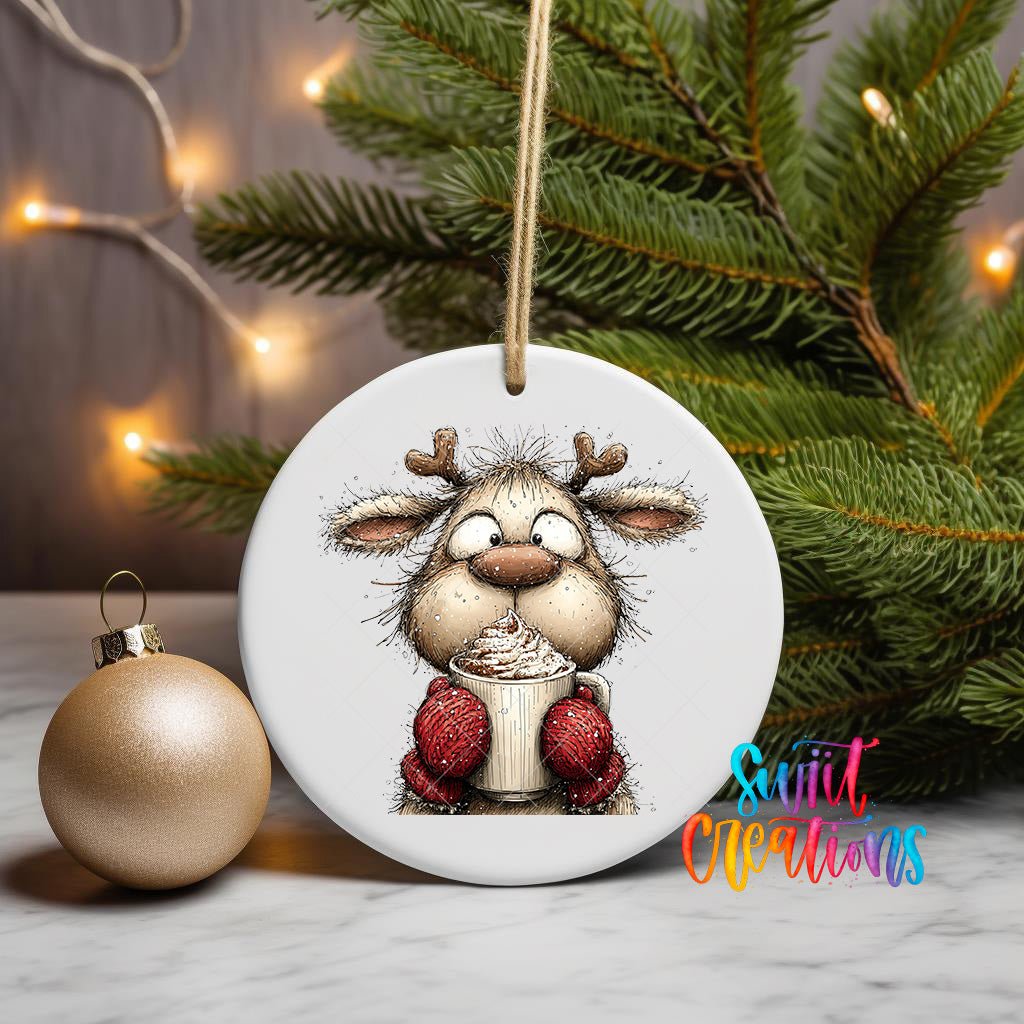 Woodland Reindeer With Cocoa Christmas Ornament UV DTF Transfer | O-1867 - Swiit Creations