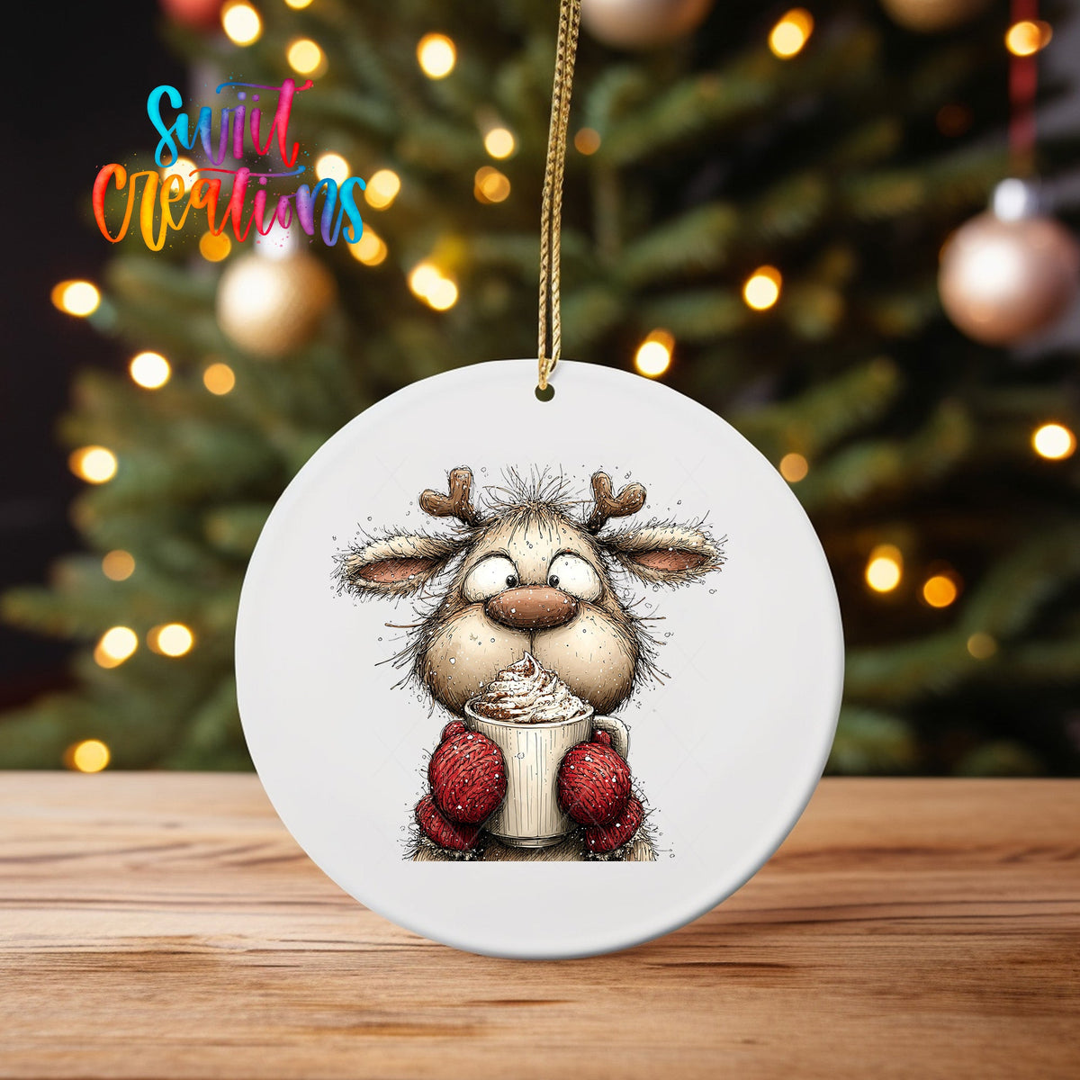 Woodland Reindeer With Cocoa Christmas Ornament UV DTF Transfer | O-1867 - Swiit Creations