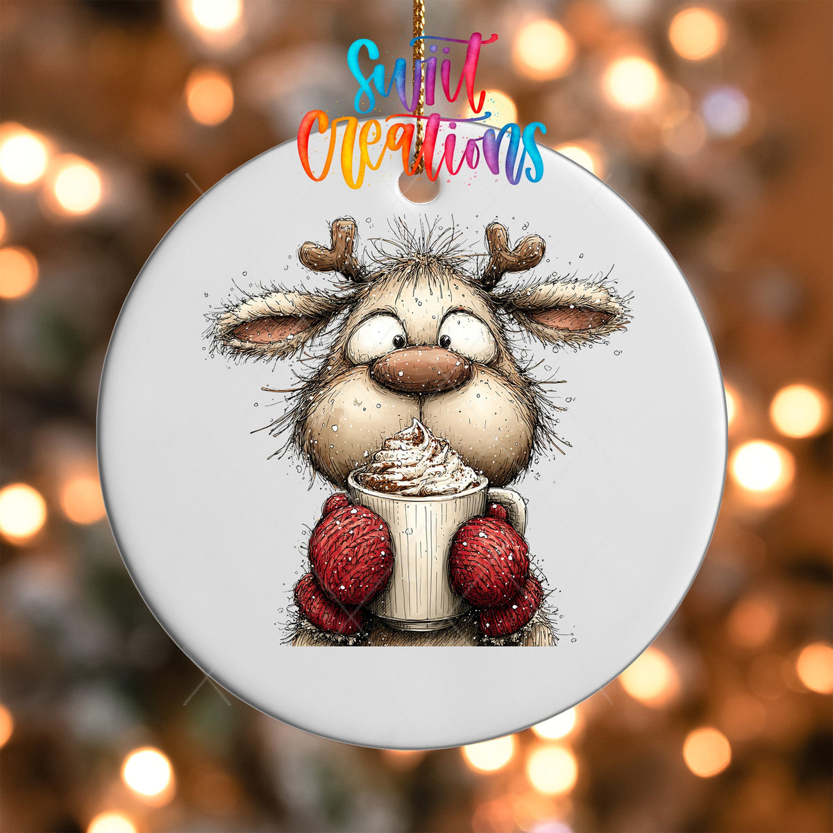 Woodland Reindeer With Cocoa Christmas Ornament UV DTF Transfer | O-1867 - Swiit Creations