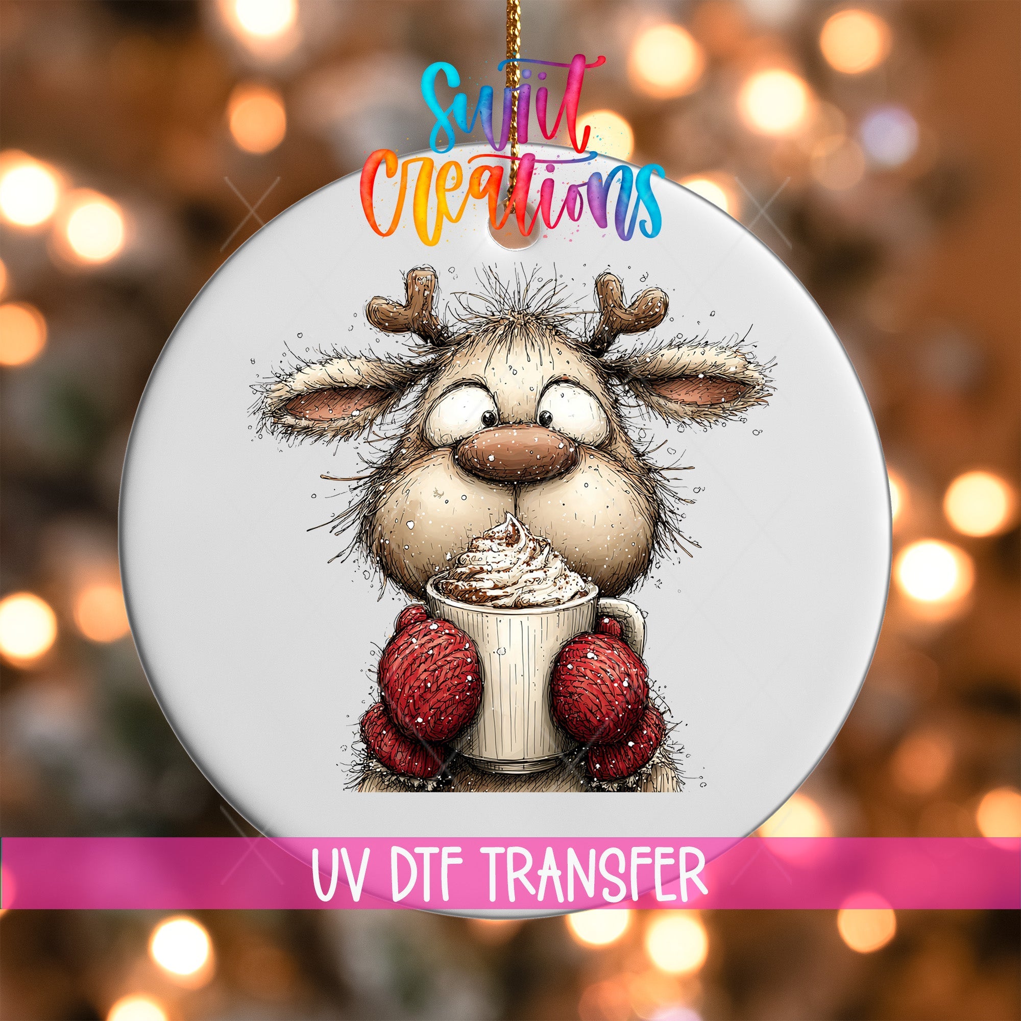Woodland Reindeer With Cocoa Christmas Ornament UV DTF Transfer | O-1867 - Swiit Creations