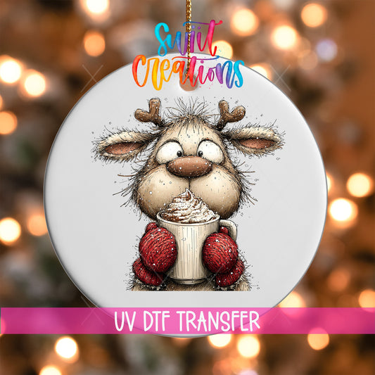 Woodland Reindeer With Cocoa Christmas Ornament UV DTF Transfer | O-1867 - Swiit Creations