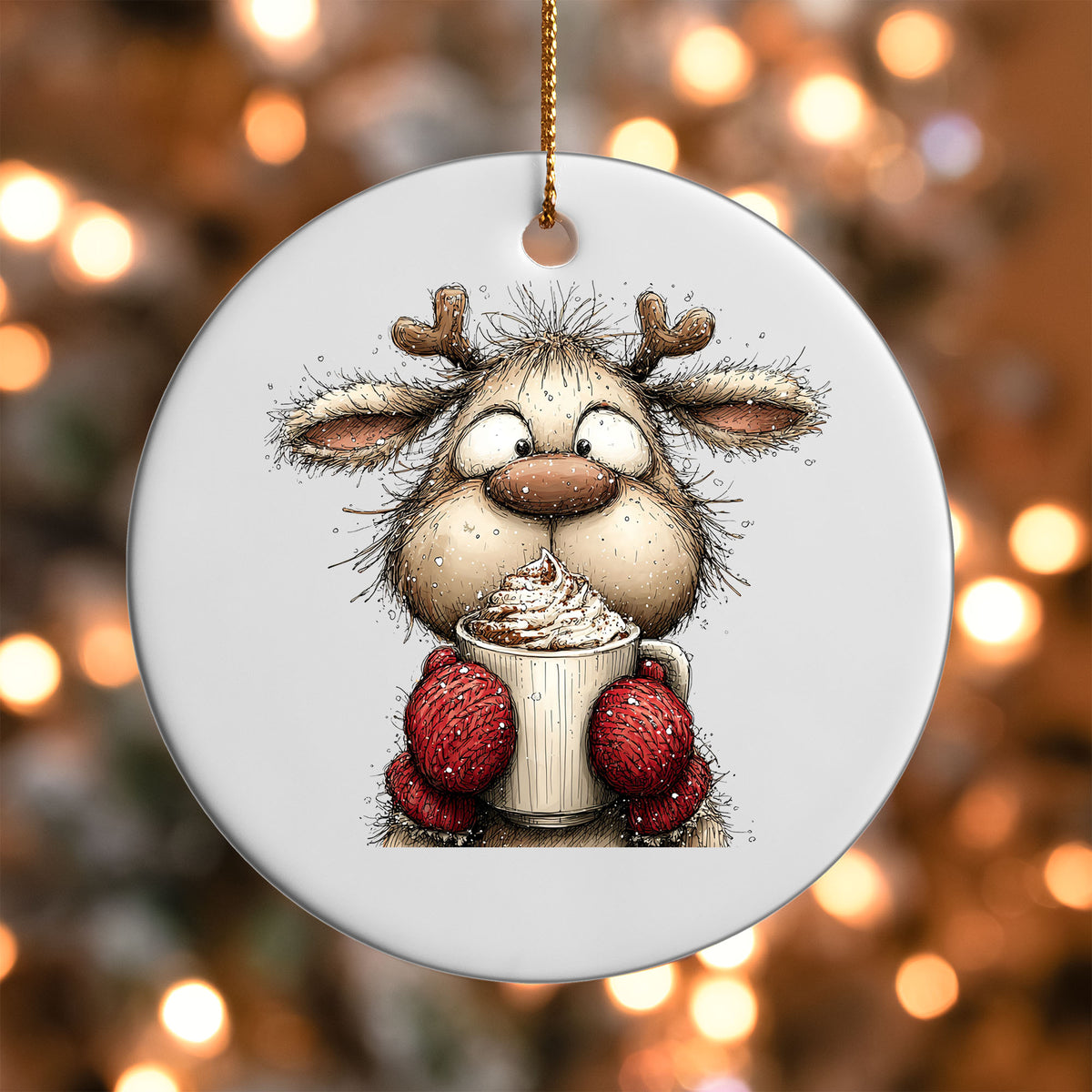 Woodland Reindeer with Cocoa ornament UV DTF transfer on a round white ornament with a bokeh light background