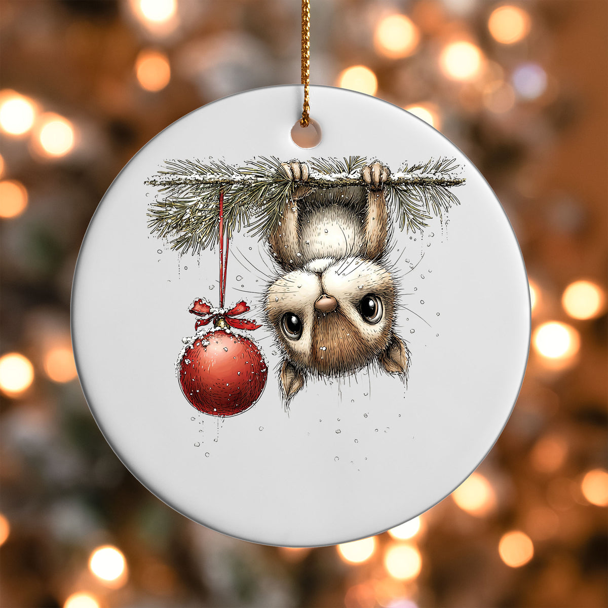 Woodland Sloth Hanging ornament UV DTF transfer on a round white ornament with a bokeh light background