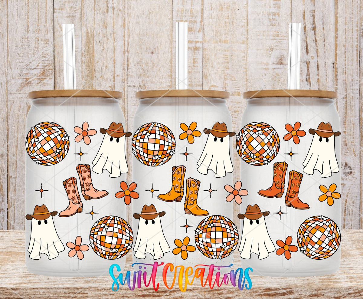 Yeehaw Ghosts UV DTF full wrap on three clear glass cans with bamboo lids