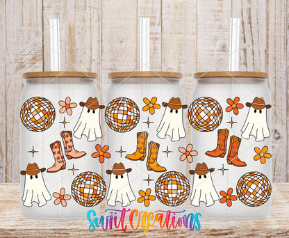 Yeehaw Ghosts UV DTF full wrap on three clear glass cans with bamboo lids
