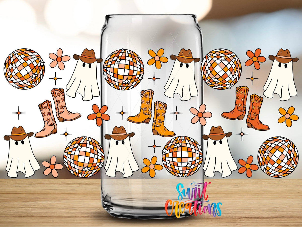Close-up of the Yeehaw Ghosts UV DTF full wrap on a clear glass can