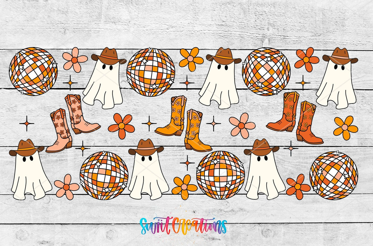 Yeehaw Ghosts UV DTF full wrap artwork on a white wood background