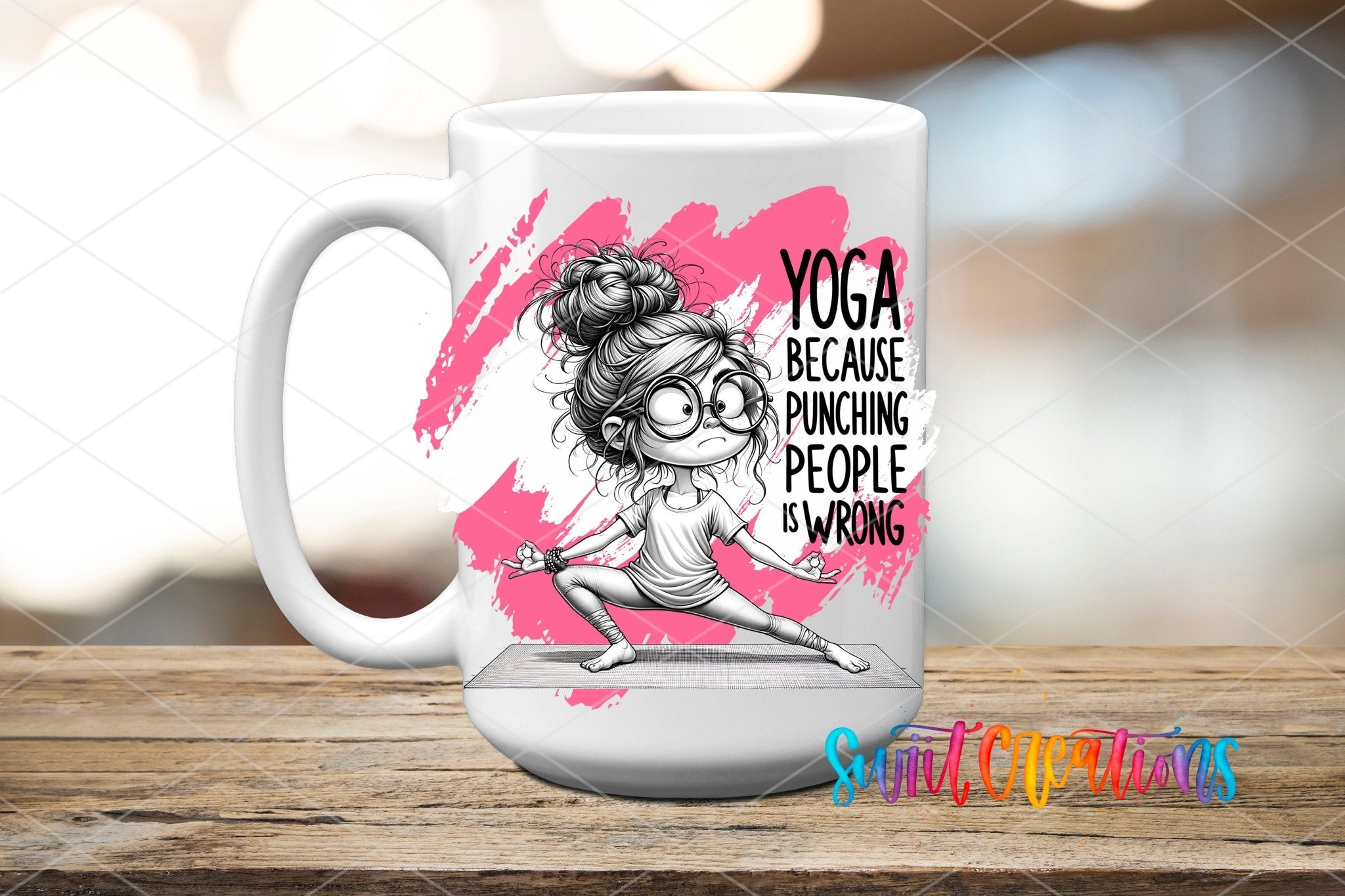 Swiit Creations UV DTF Yoga Instead of Punching People transfer applied to a white ceramic mug