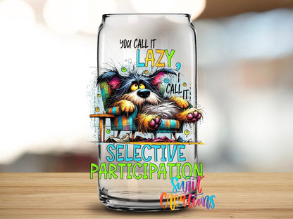 Close-up of the Selective Participation UV DTF transfer on a clear glass can