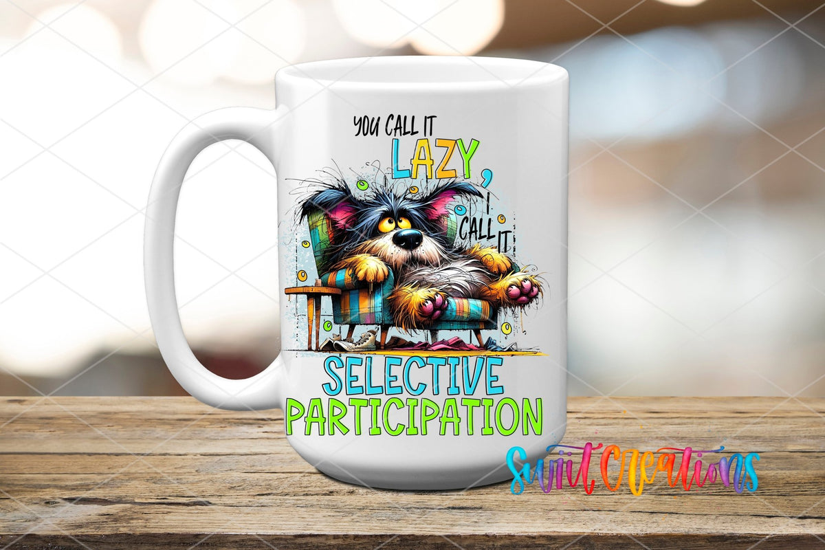 Selective Participation UV DTF transfer on a white ceramic coffee mug