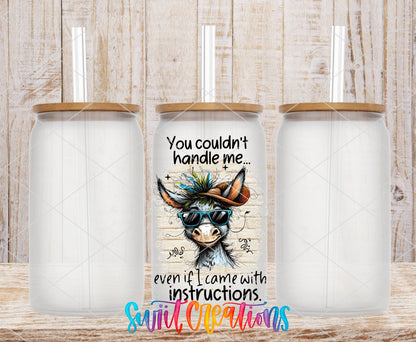 You Couldn't Handle Me UV DTF transfer on frosted glass cans with bamboo lids