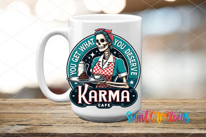 Karma Cafe UV DTF transfer on a white ceramic coffee mug