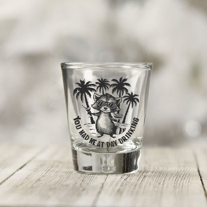 Close-up of the You Had Me at Day Drinking UV DTF transfer on a clear shot glass