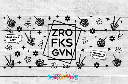 ZRO FKS GVN UV DTF full wrap artwork on a white wood background