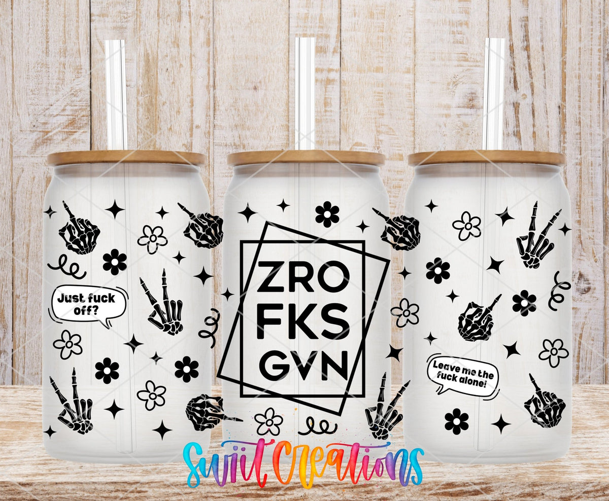 ZRO FKS GVN UV DTF full wrap on three clear glass cans with bamboo lids