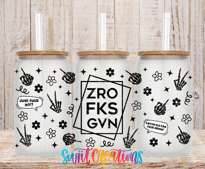 ZRO FKS GVN UV DTF full wrap on three clear glass cans with bamboo lids
