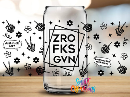 Close-up of the ZRO FKS GVN UV DTF full wrap on a clear glass can