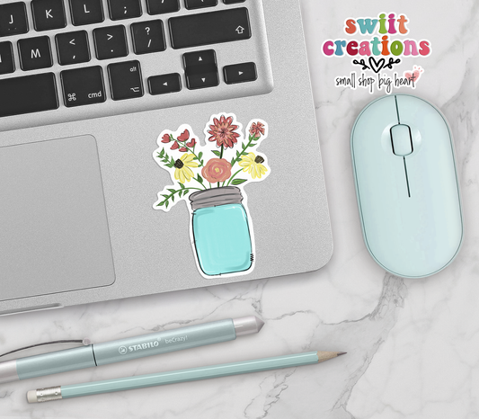 Colored Mason Jar with Flowers Sticker (SS084) | SCD250