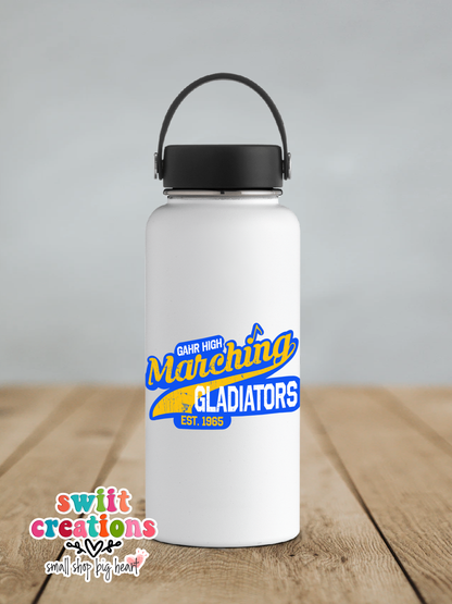 Gahr High Marching Gladiators sticker on a white insulated water bottle
