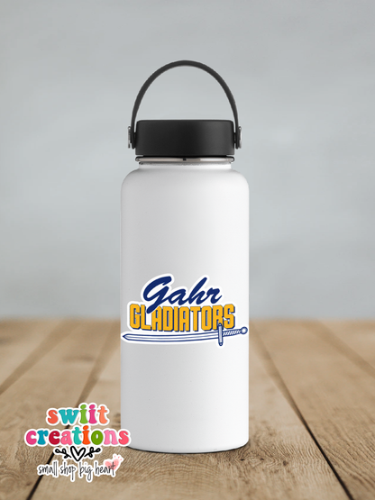 Gahr Gladiators sticker on a white insulated water bottle
