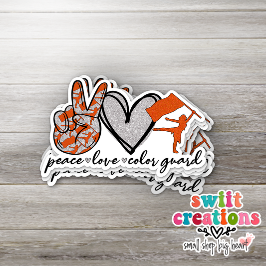 Peace Love Color Guard Orange and Silver Sticker (SS291) | SCD402