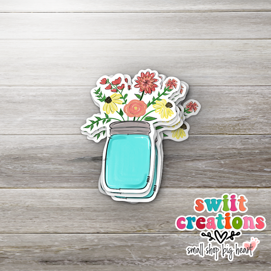 Colored Mason Jar with Flowers Sticker (SS084) | SCD250