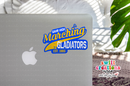 Gahr High Marching Gladiators sticker on the lid of a silver laptop