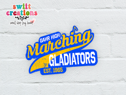 Gahr High Marching Gladiators sticker on a white surface with the Swiit Creations logo