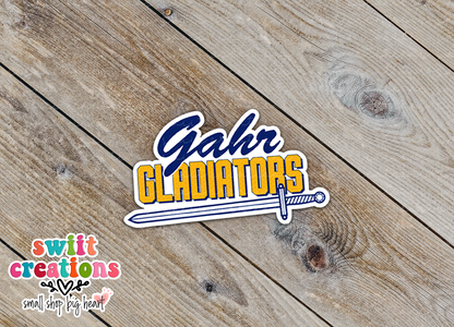 Close-up of the Gahr Gladiators sticker on rustic wood