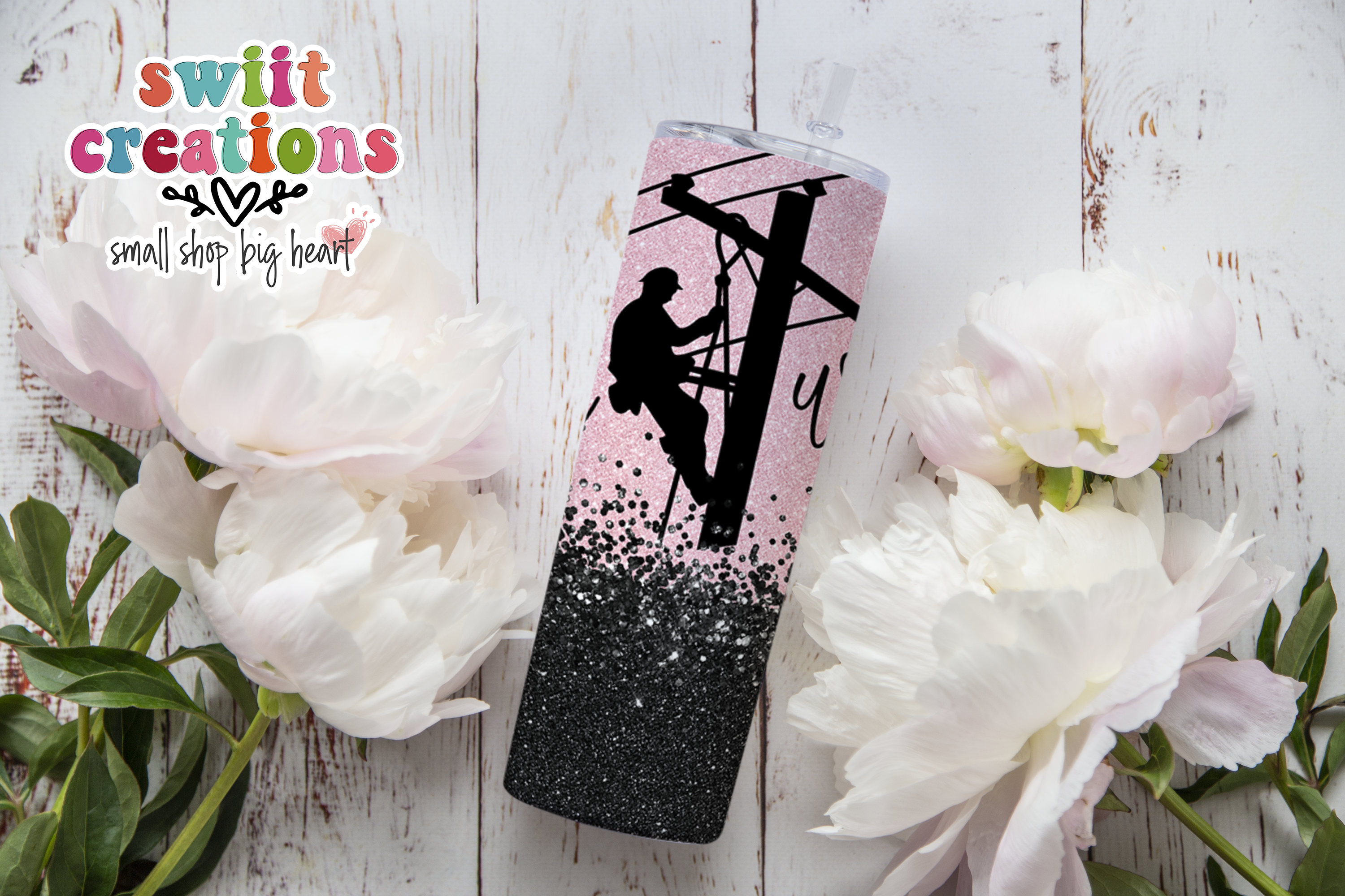 Lineman Wife Pink Glitter Tumbler (T340)