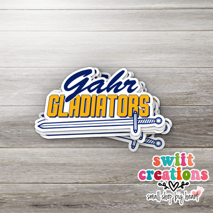 Gahr Gladiators stickers stacked on gray wood with the Swiit Creations logo